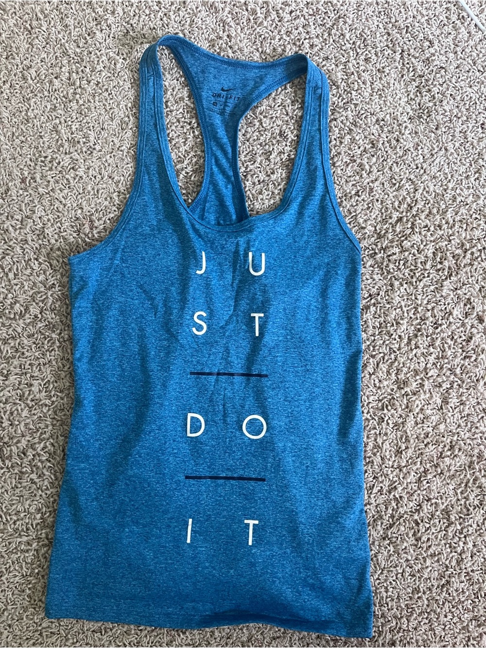 Nike Women’s Teal Blue Racerback Tank with Vertical 'Just Do It' Print